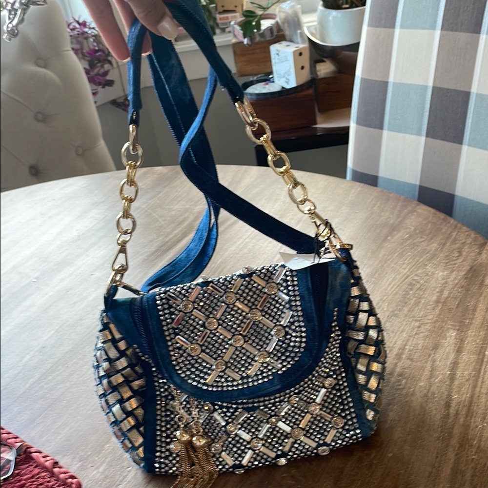Denim, gold and rhinestone purse, brand new, no flaws, two detachable straps